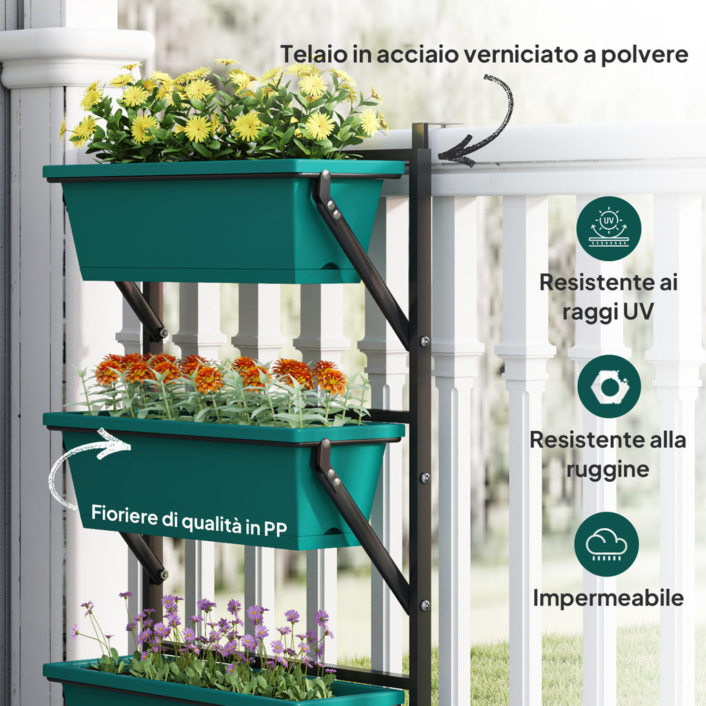 Vertical Outdoor Planter and 3 Plastic Plant Pots with Drainage Holes, 56x42x100 cm, Green