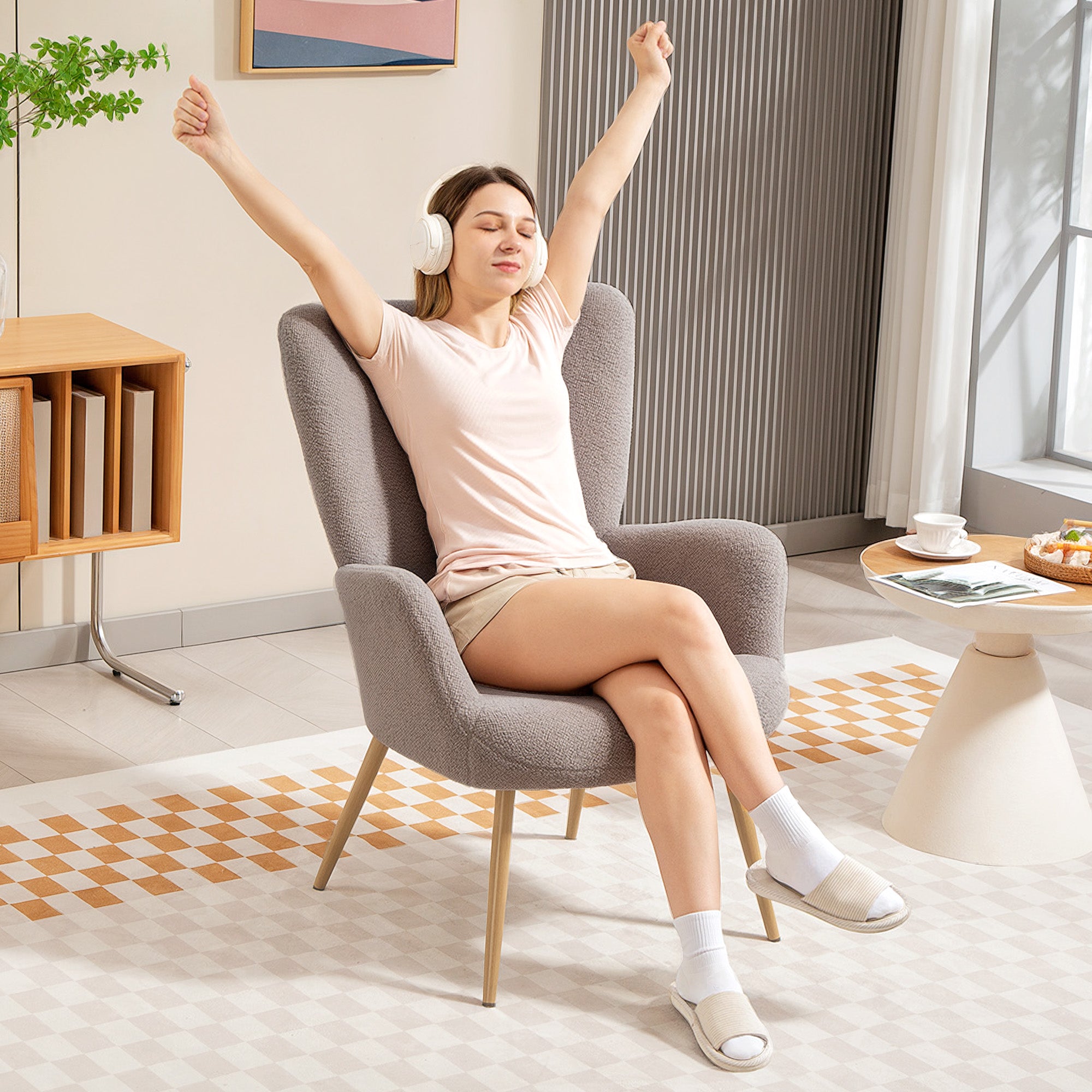 Modern Sherpa Fabric Upholstered Armchair with High Back and Armrests, Grey