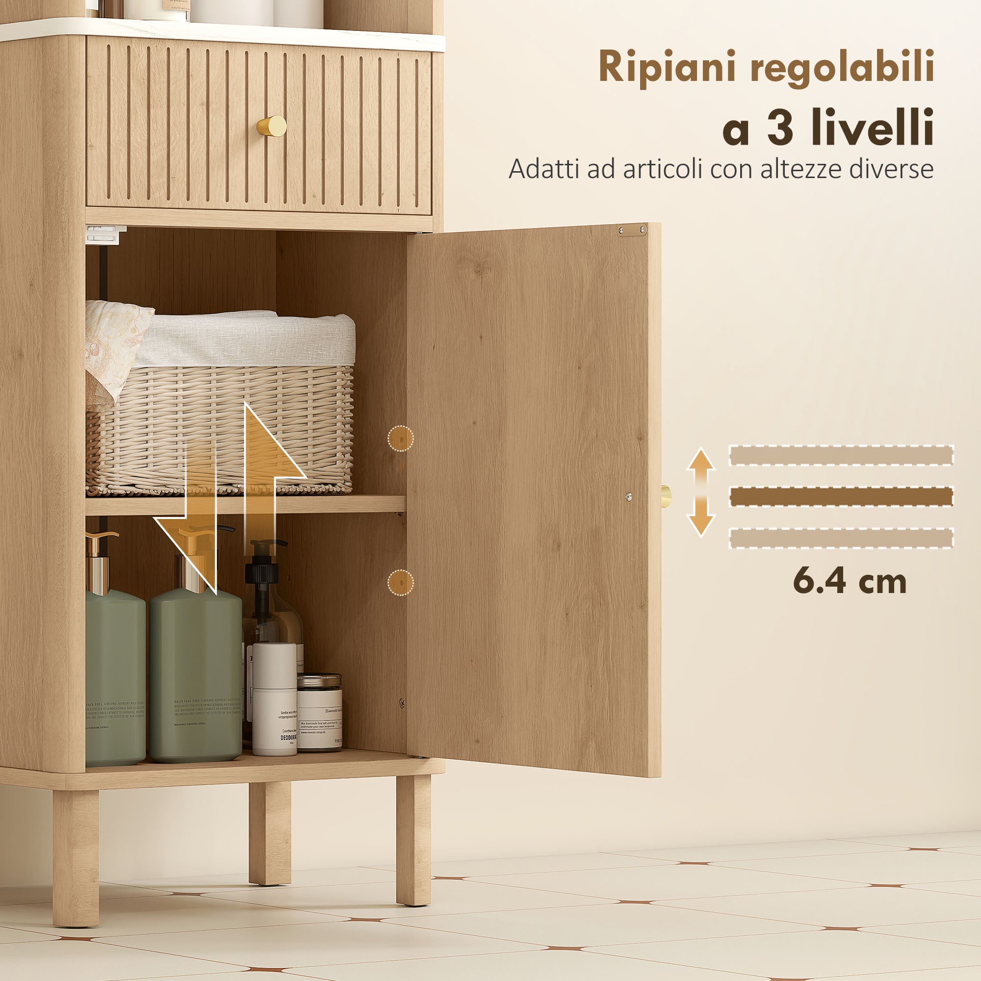 Bathroom Cabinet with Drawer, 2 Cabinets and Adjustable Shelves, Marble Effect Shelf, 41.5x30x168 cm, Oak