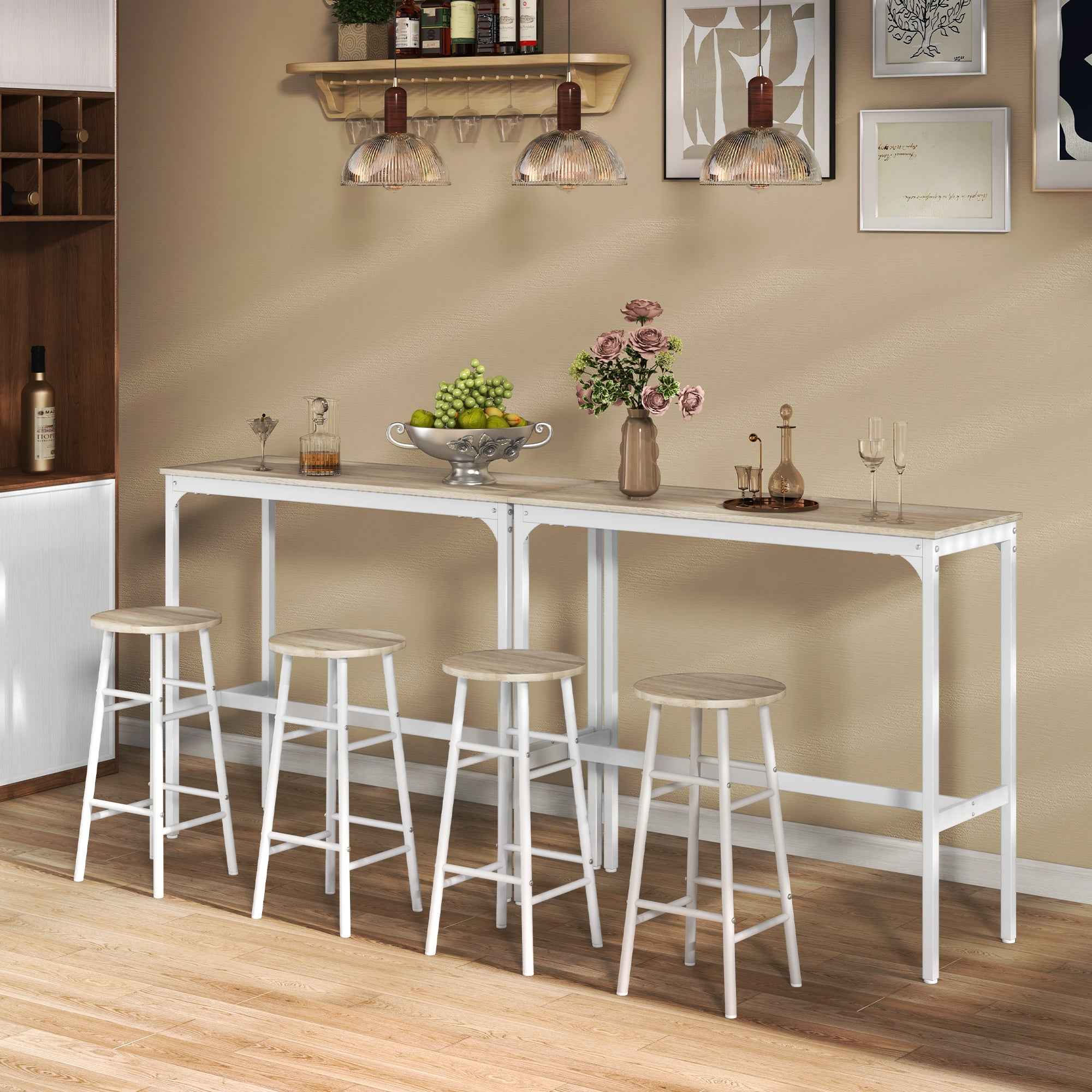 HOMCOM Industrial Style High Table and 2 Bar Stools with Footrest, White and Oak