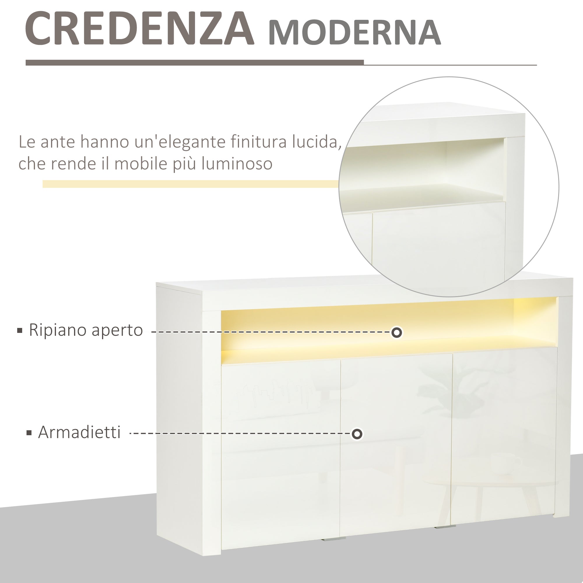 HOMCOM Modern 3-Door Sideboard with Colorful LED Lights and Remote Control, Wooden, 155x40x92cm - White