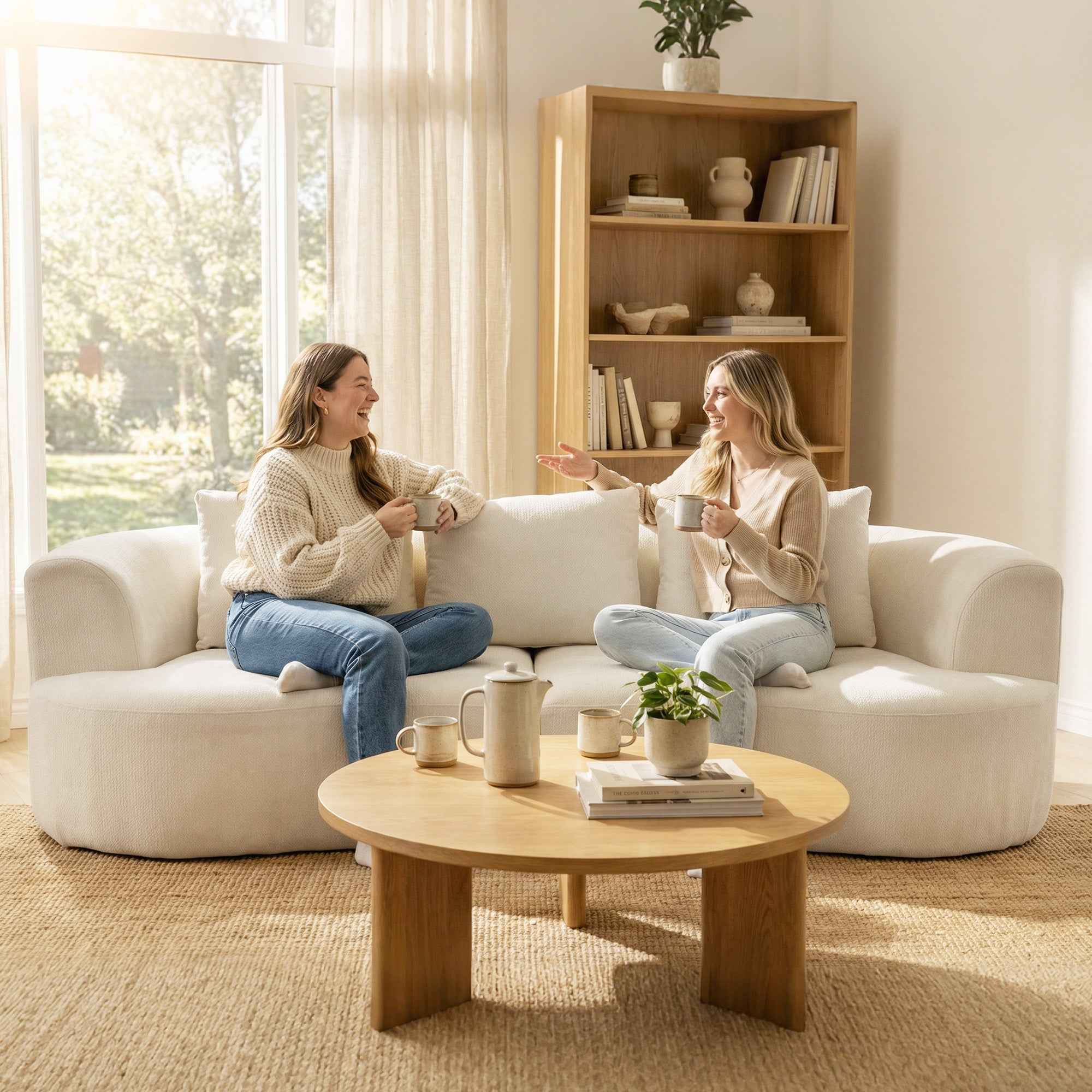 3-seater modular sofa with wide seat and chenille cushions, 260 cm, Cream