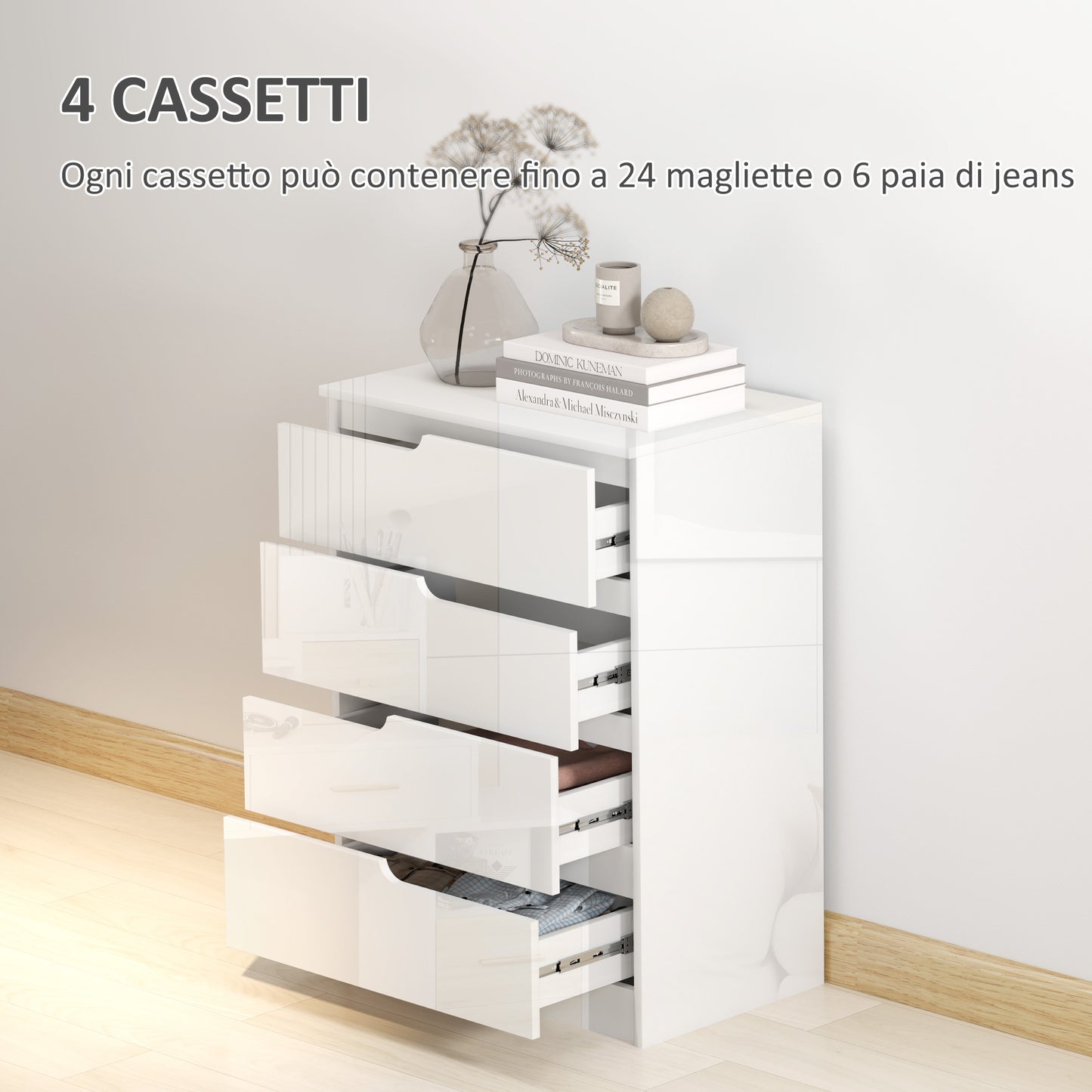 Modern and Minimal 4 Drawer Chest of Drawers in Wood, 60x40x85 cm, Glossy White