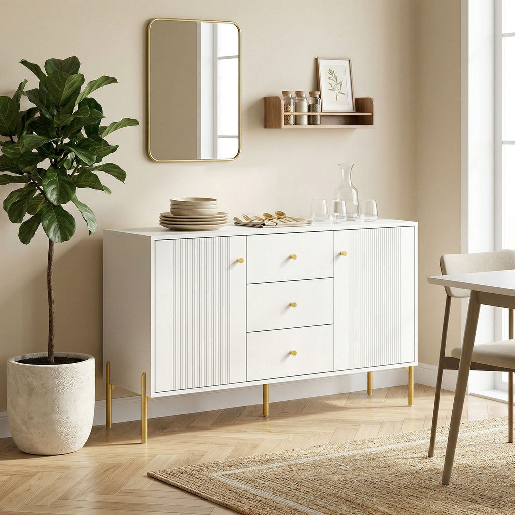 HOMCOM Modern Sideboard, Coffee Bar Cabinet with 3 Silent Drawers, 2 Adjustable Shelves, 5 Steel Legs, White