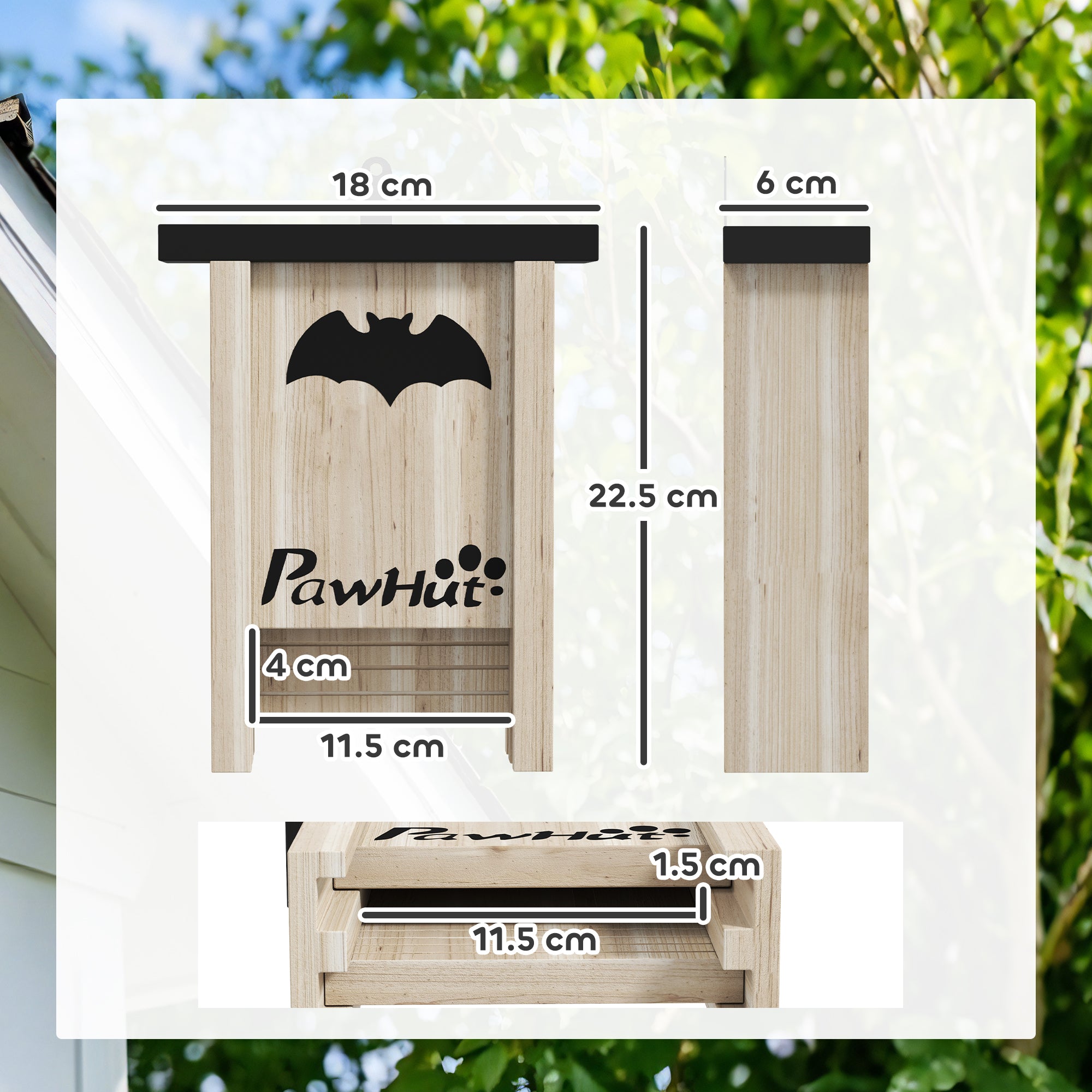 Set of 3 Bat Houses Bat Box in Fir Wood, 18x6x22.5 cm, Wood Color