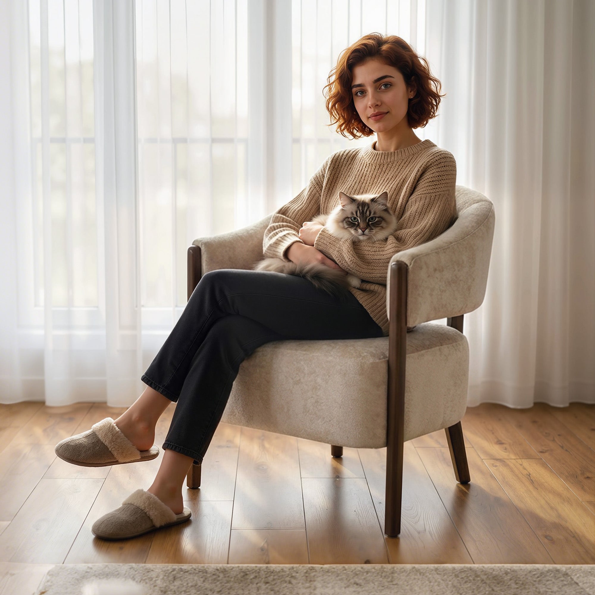 Chenille Upholstered Bedroom Armchair with Solid Wood Frame and Legs, Beige