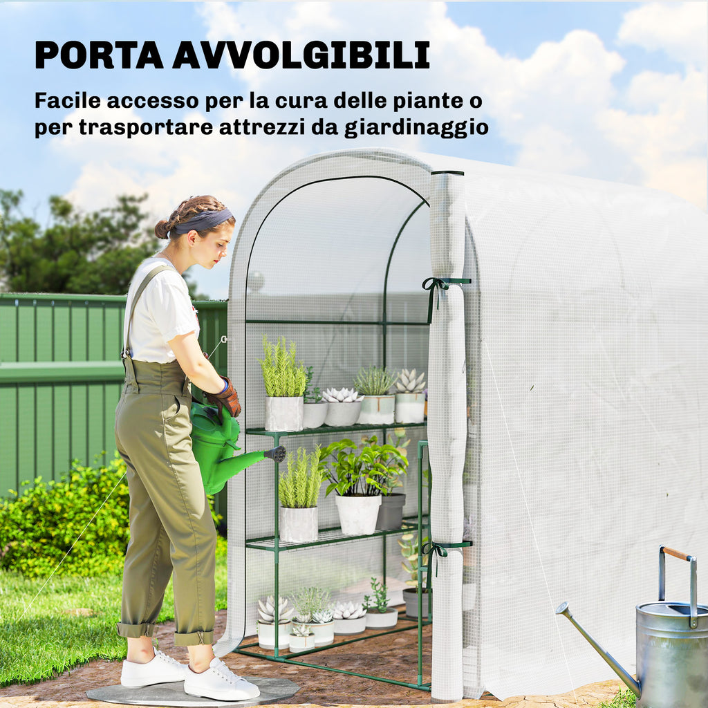 Outsunny Garden Greenhouse with 2-Tier Shelves and Roll-Up Door, Steel and PE, 123x187x189 cm, White