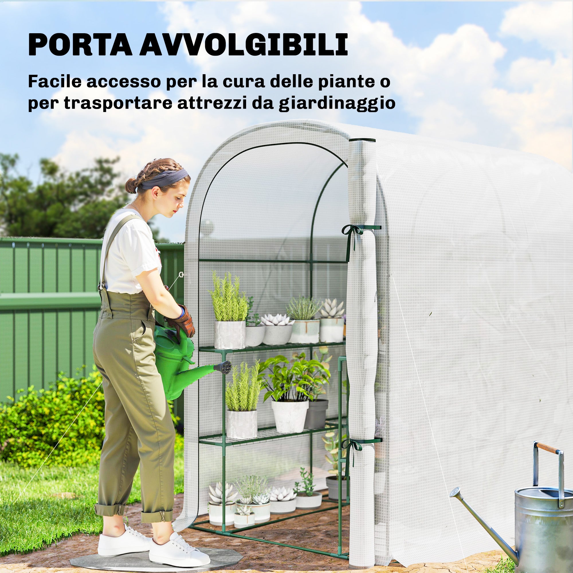 Outsunny Garden Greenhouse with 2-Tier Shelves and Roll-Up Door, Steel and PE, 123x187x189 cm, White