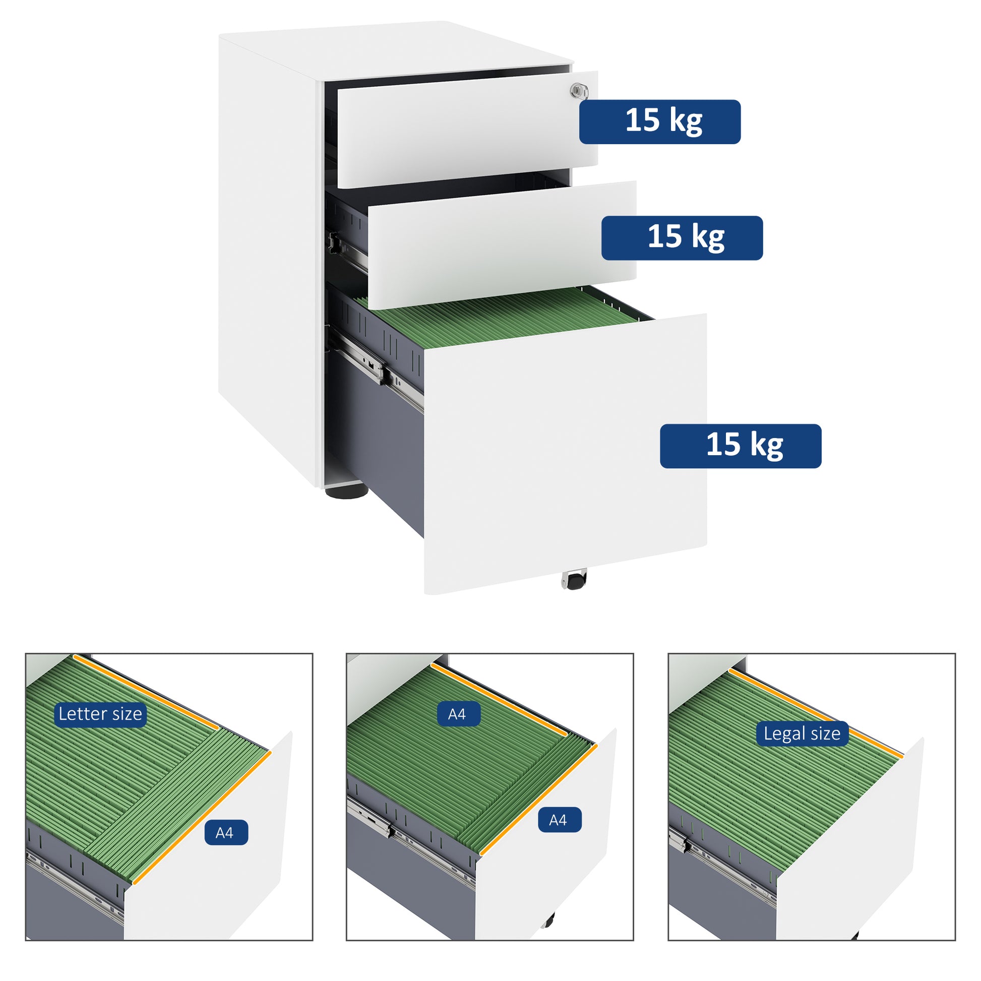 Office drawer winner 3 steel drawers with lock and wheels, 39x48x59cm, white - Borgè