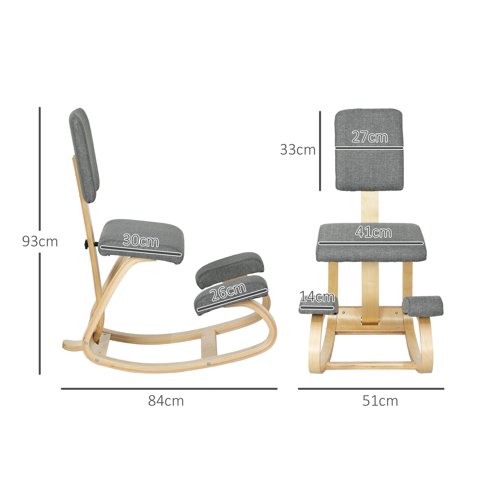 Rocking Kneeling Chair in Linen-Effect Fabric and Birch Wood, 51x84x93 cm, Grey