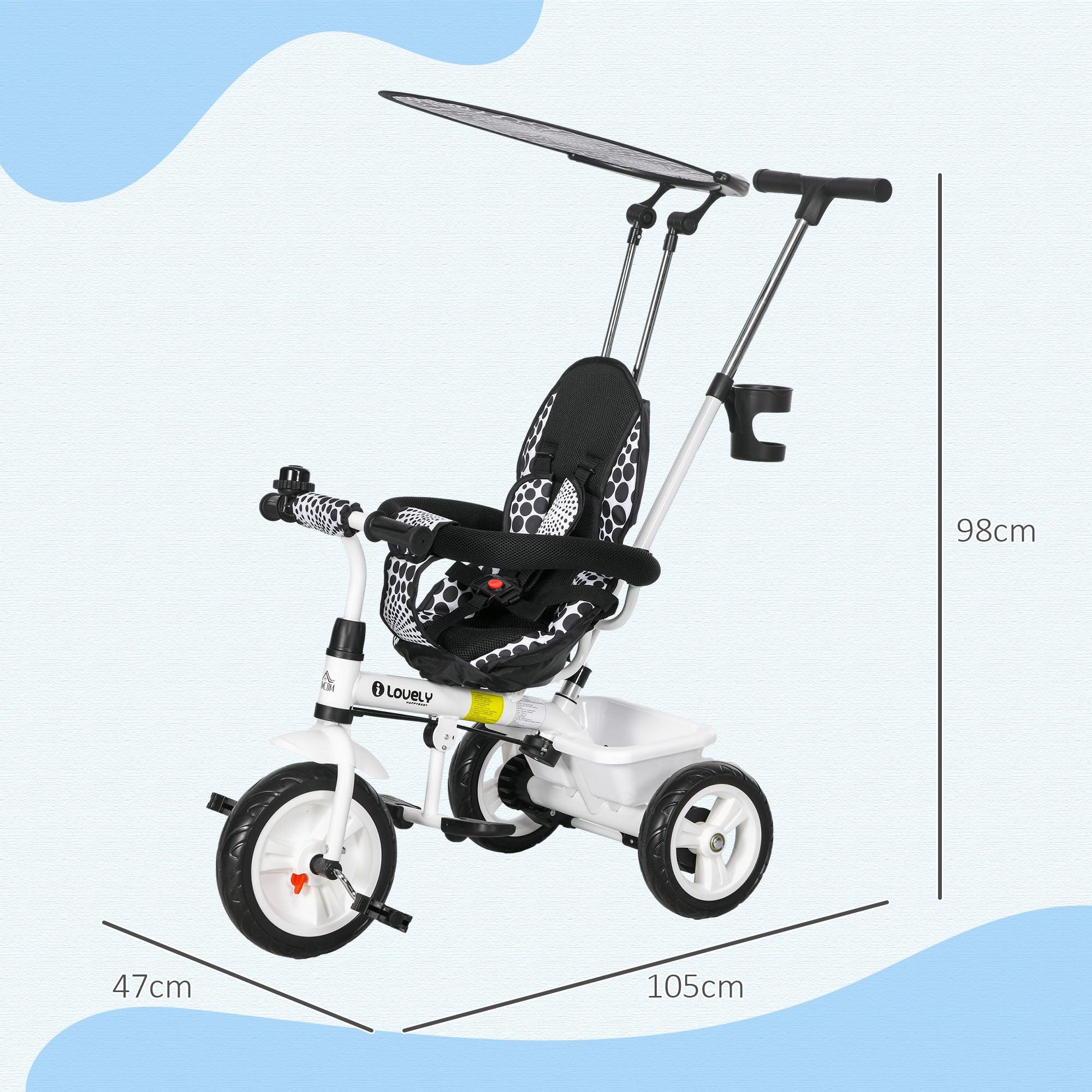 Children's Tricycle with Push Handle, Canopy, Safety Bar and Playpen, 105x47x89 cm, White and Black