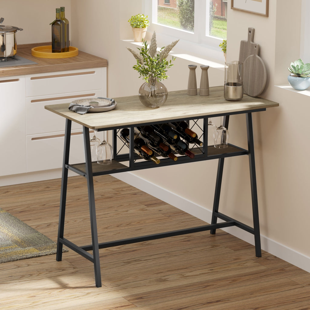 Industrial Bar Table for 10 Bottles in Chipboard and Steel, 120x60x91 cm, Black and Wood Color