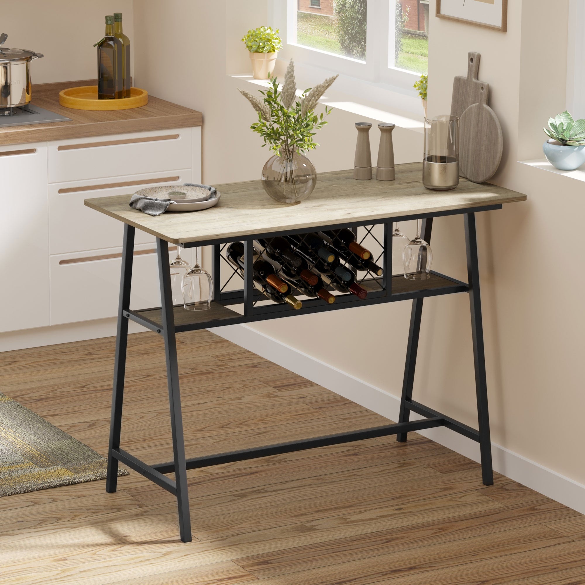Industrial Bar Table for 10 Bottles in Chipboard and Steel, 120x60x91 cm, Black and Wood Color