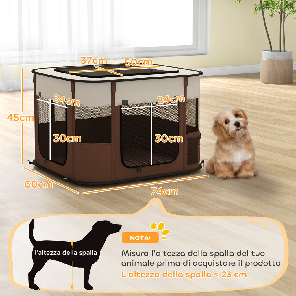 PawHut Pet Playpen with 6 Windows, 3 Doors and 2 Storage Bags, Polyester and Steel, 74x60x45 cm, Brown