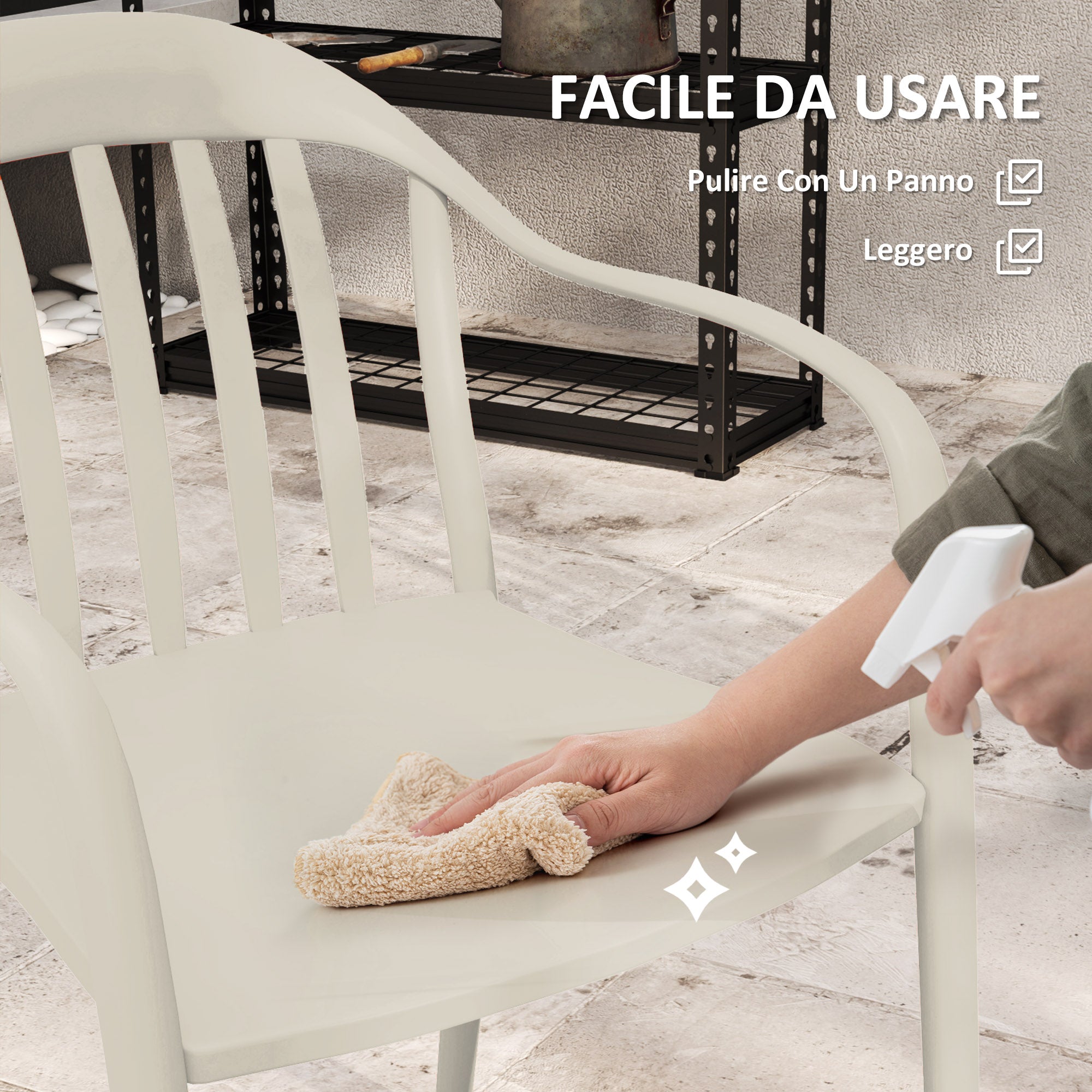 et of 4 Stackable Garden Chairs in PP with High Backrest and Armrests, 57x54x78 cm, White