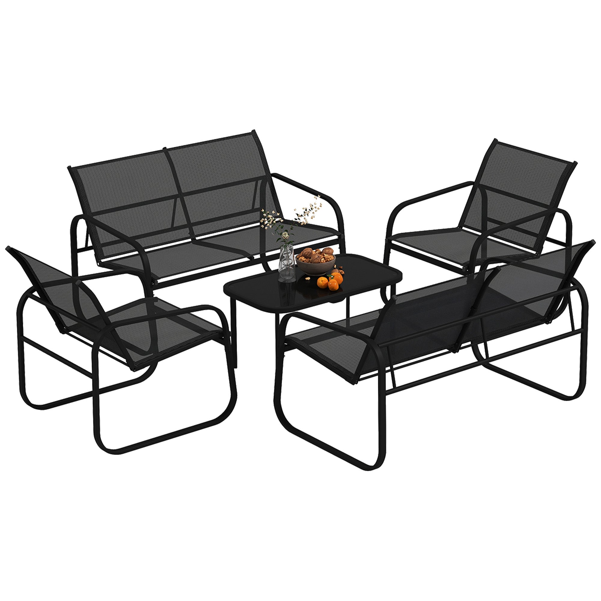 Garden Set with 2 2-Seater Sofas, 2 Armchairs and a Glass Top Coffee Table, Black