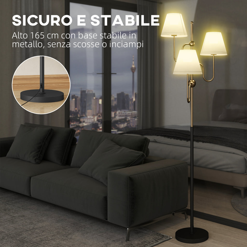 165cm High Floor Lamp with 3 Light Points and Foot Switch, E27 Socket Max 40W, Gold