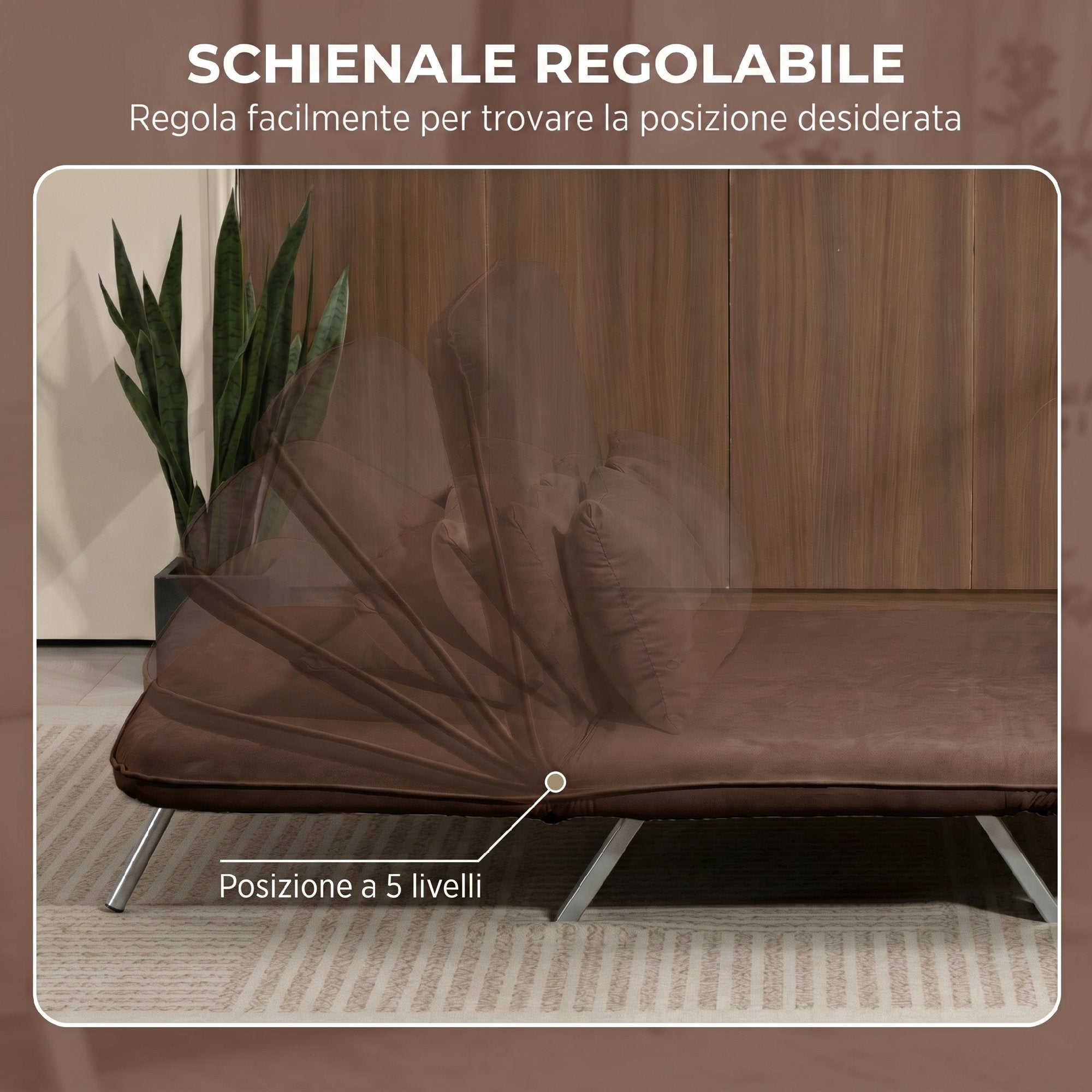 HOMCOM 2-Seater Faux Suede Sofa Bed with Adjustable Backrest and 2 Cushions, 111x80x78 cm, Brown