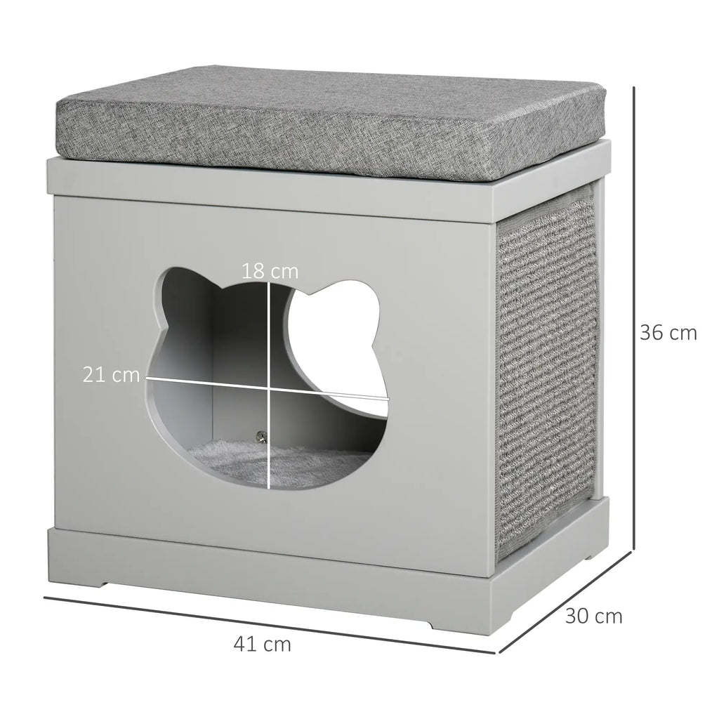 Wooden Cat House with 2 Pillows and Removable Scratching Posts, Grey, 41x30x36cm - Borge' Group Limited