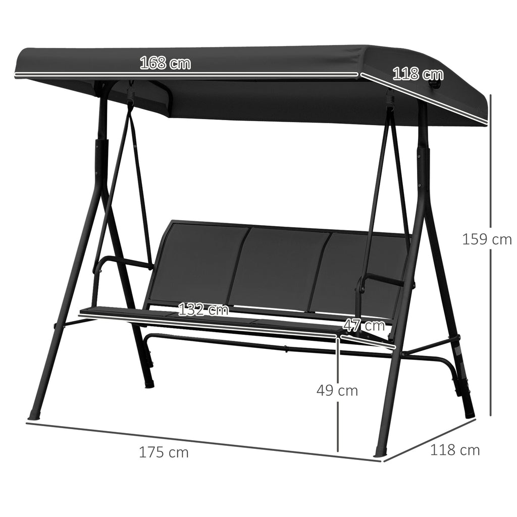 Outsunny 3-Seater Garden Swing with Canopy, Breathable Seat, and Steel Frame, Black