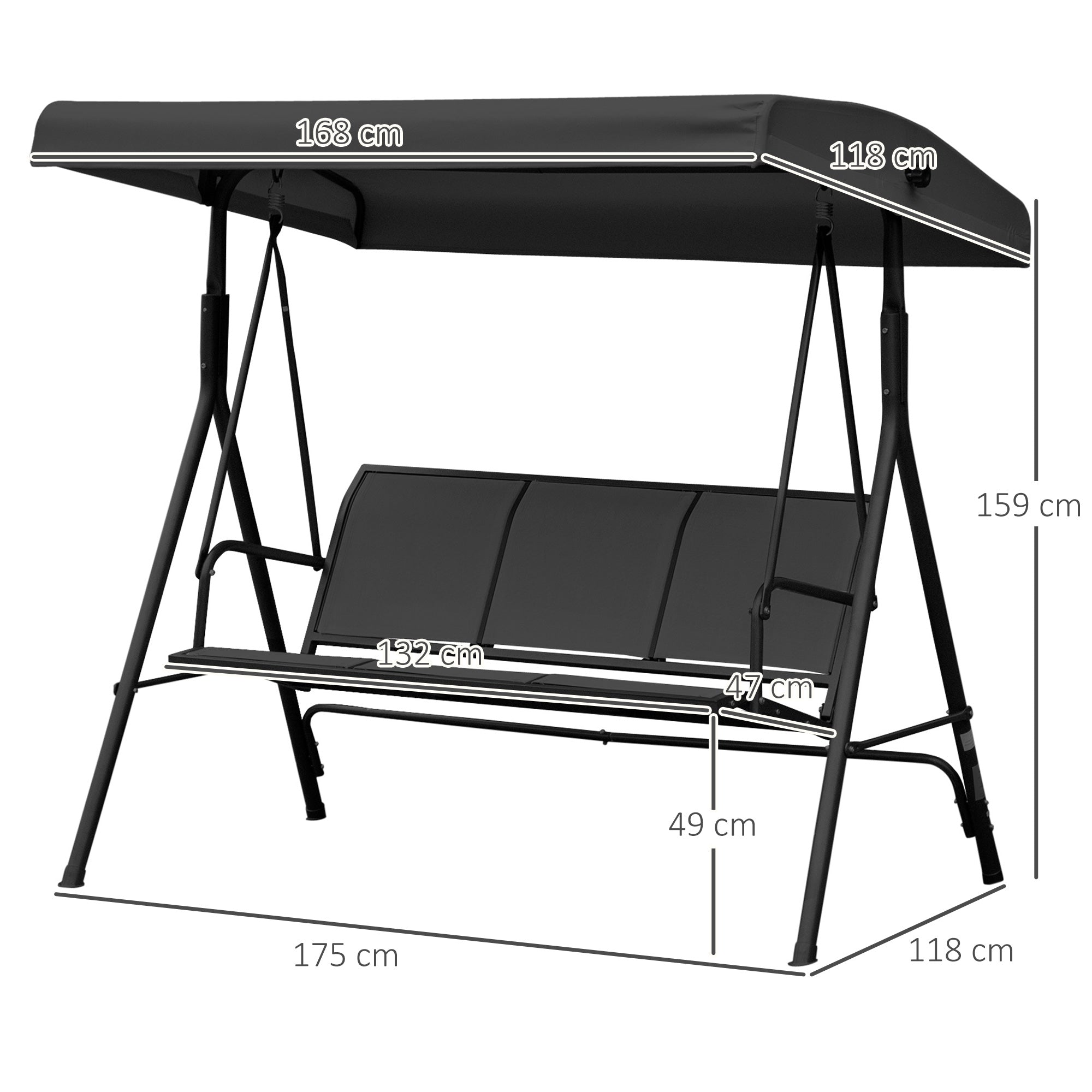 Outsunny 3-Seater Garden Swing with Canopy, Breathable Seat, and Steel Frame, Black