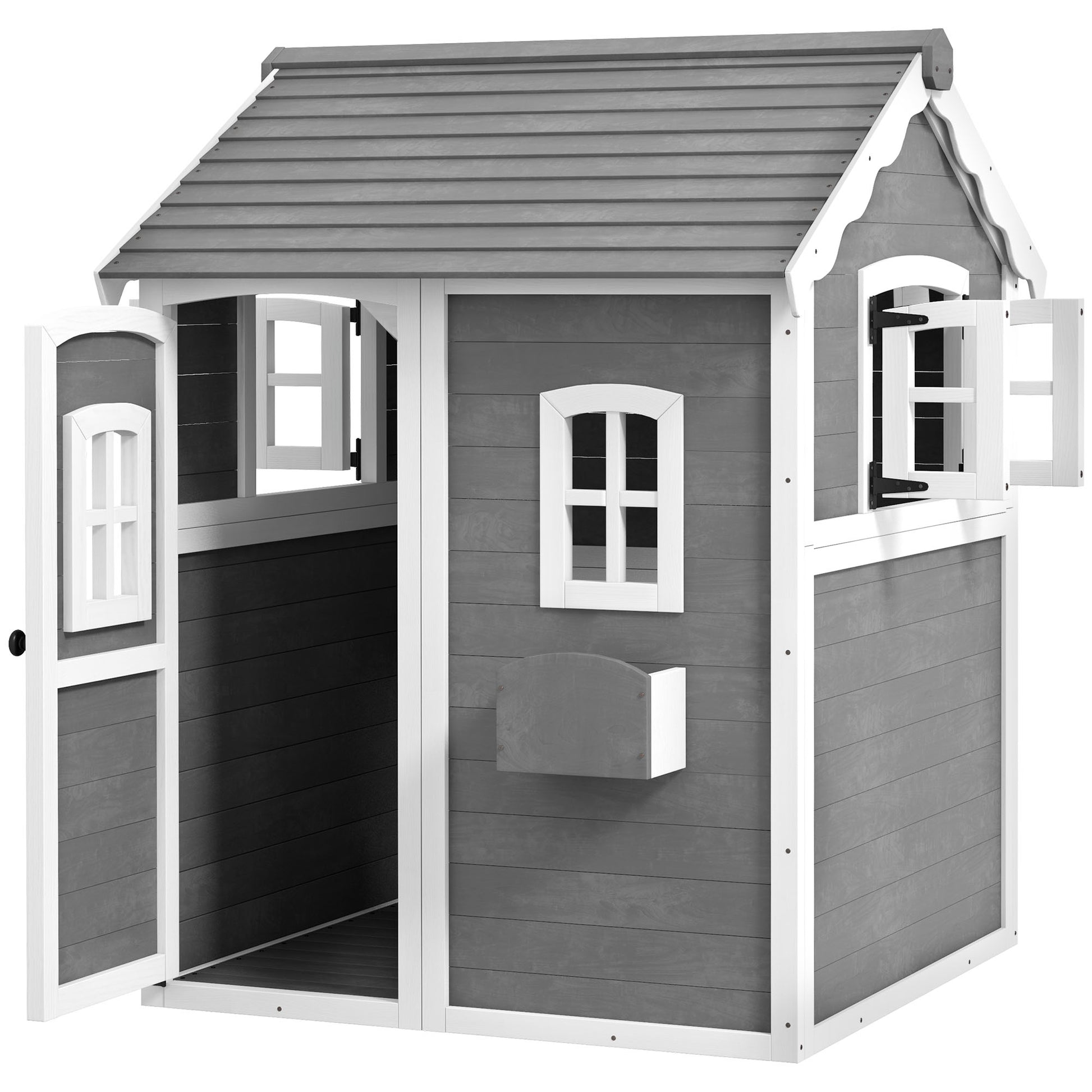 Outsunny Playhouse for Children 3-8 Years with 6 Windows and Planter, in Fir Wood, 104.5x110x137 cm, Gray - Borgè