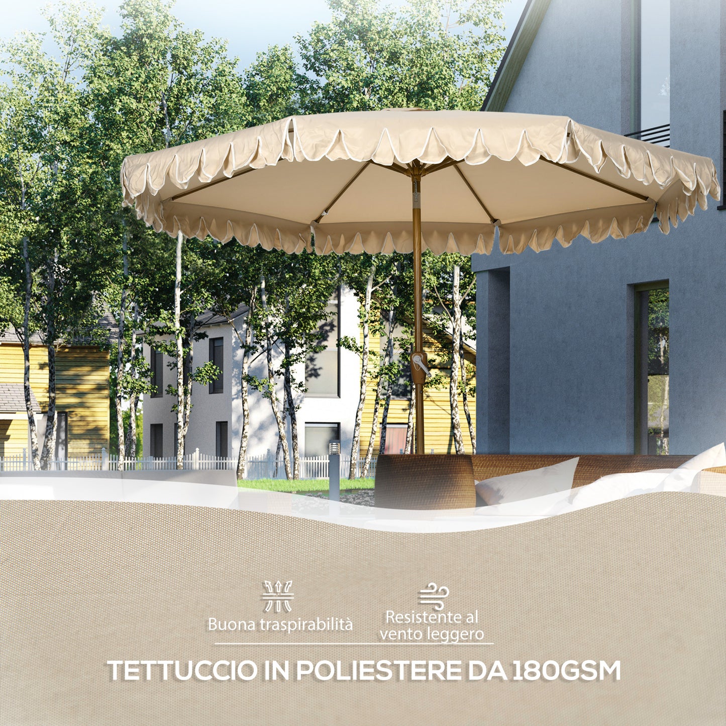 Tilting Garden Umbrella with Crank and Air Vents, 2.7x2.4m, Khaki