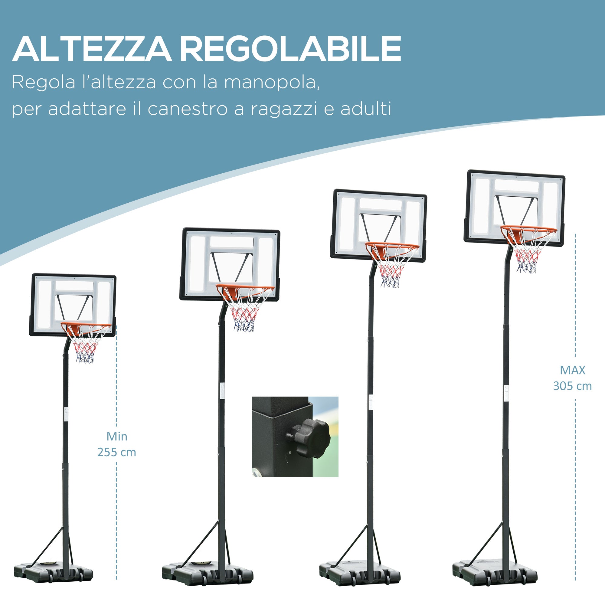 Basketball Hoop for Adults with Adjustable Height (302-352cm), Steel Frame, PE and PVC, Black