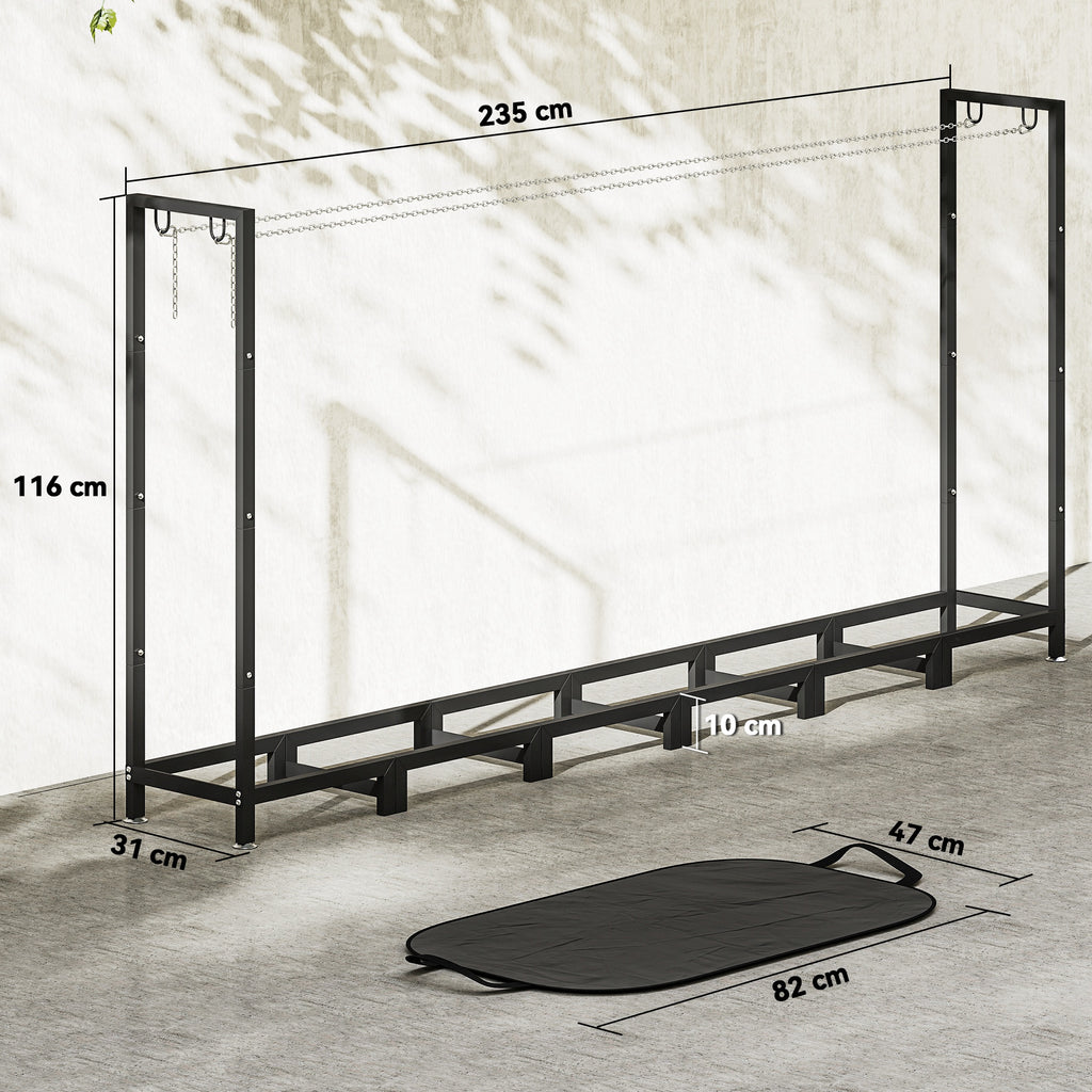 0.8m³ Adjustable Firewood Shed with Waterproof Tarpaulin and Steel Chains, 235x31x116cm, Black