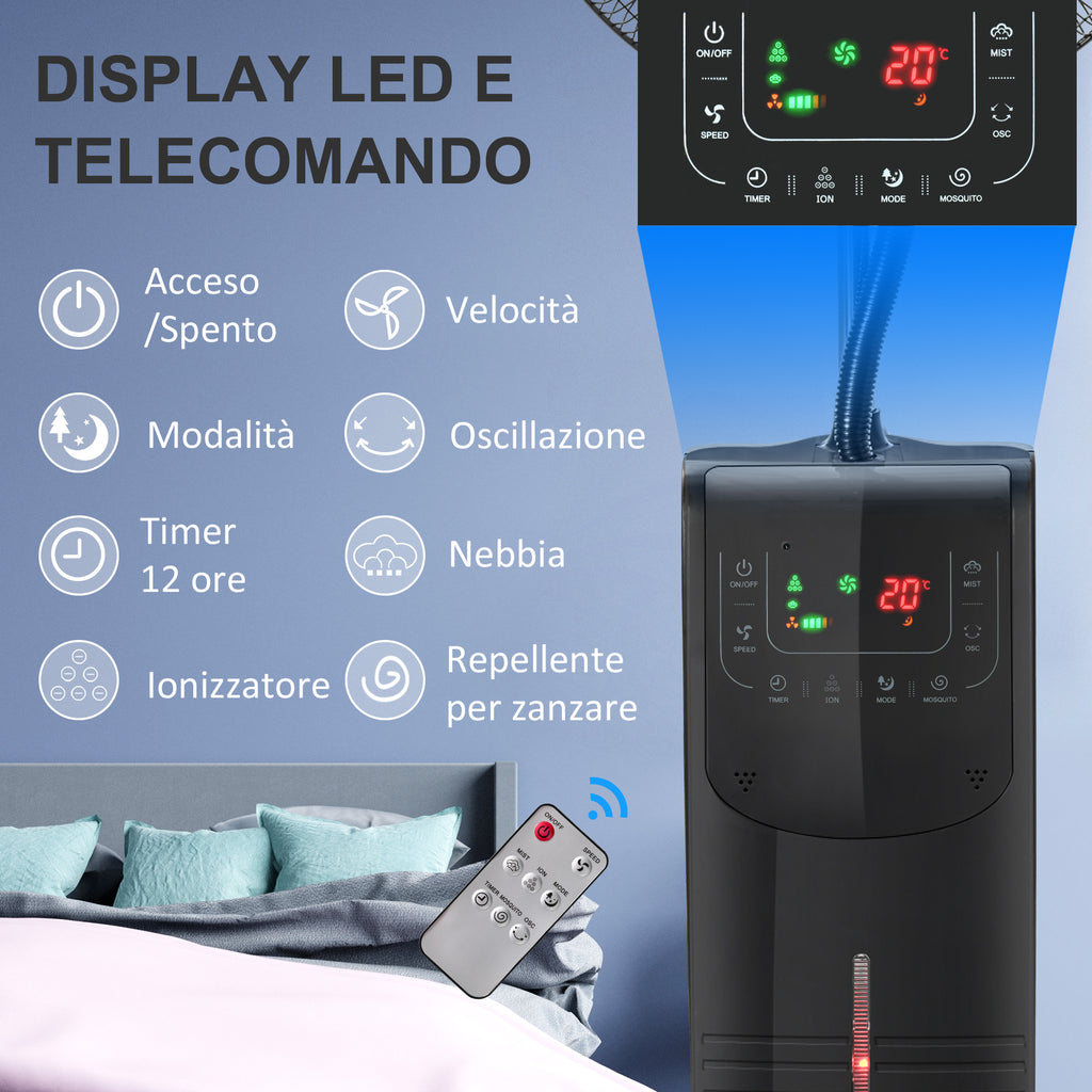 Misting Fan with 5m Remote Control, 12h Timer and 70° Oscillation, 3 Speeds, 3 Functions and Mosquito Repellent, 3.1L Tank, 90W, Ф44.5x135cm Black
