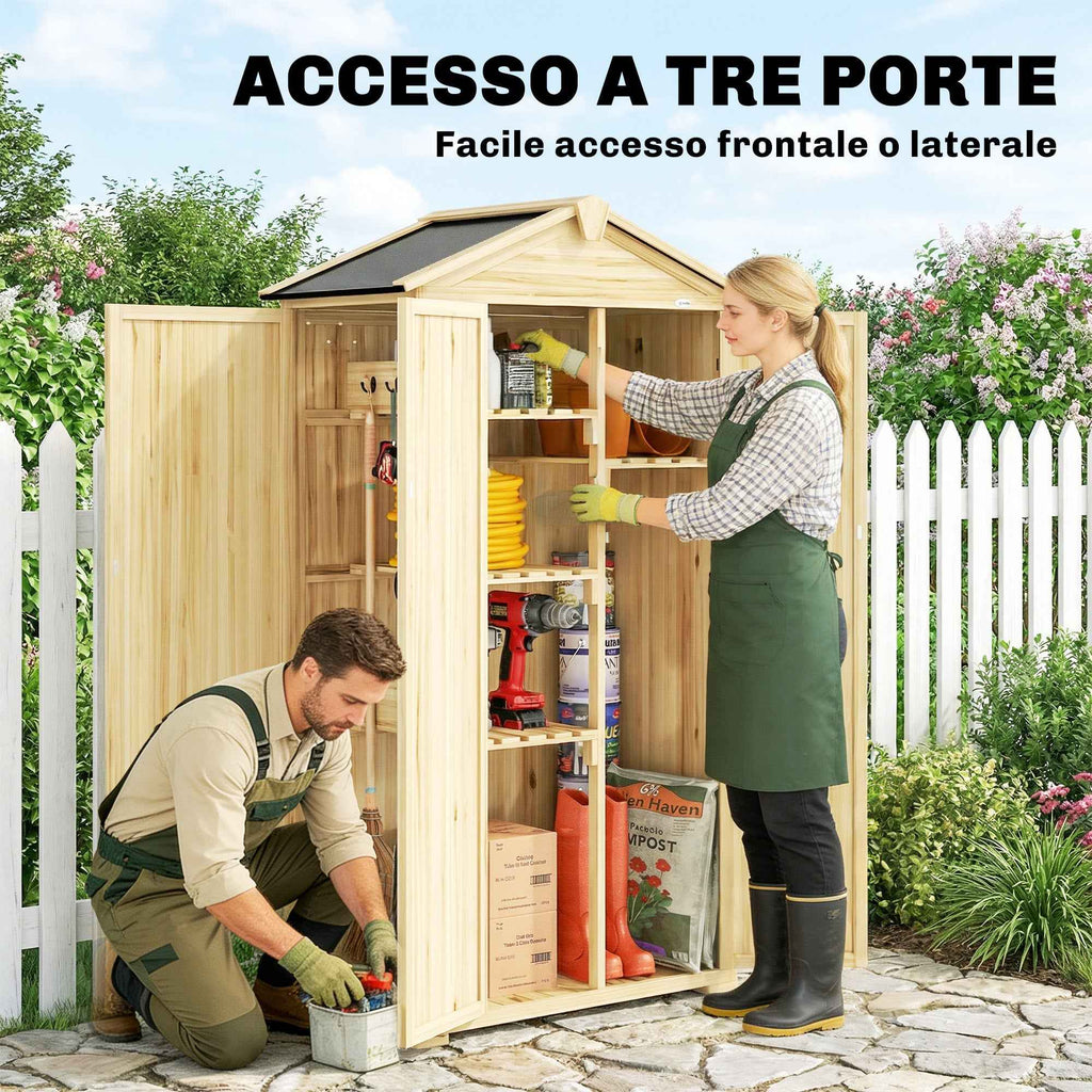 Outsunny 3-Door Garden Cabinet with 4 Shelves and Hooks, in Fir Wood, 93x53x168 cm, Wood Color