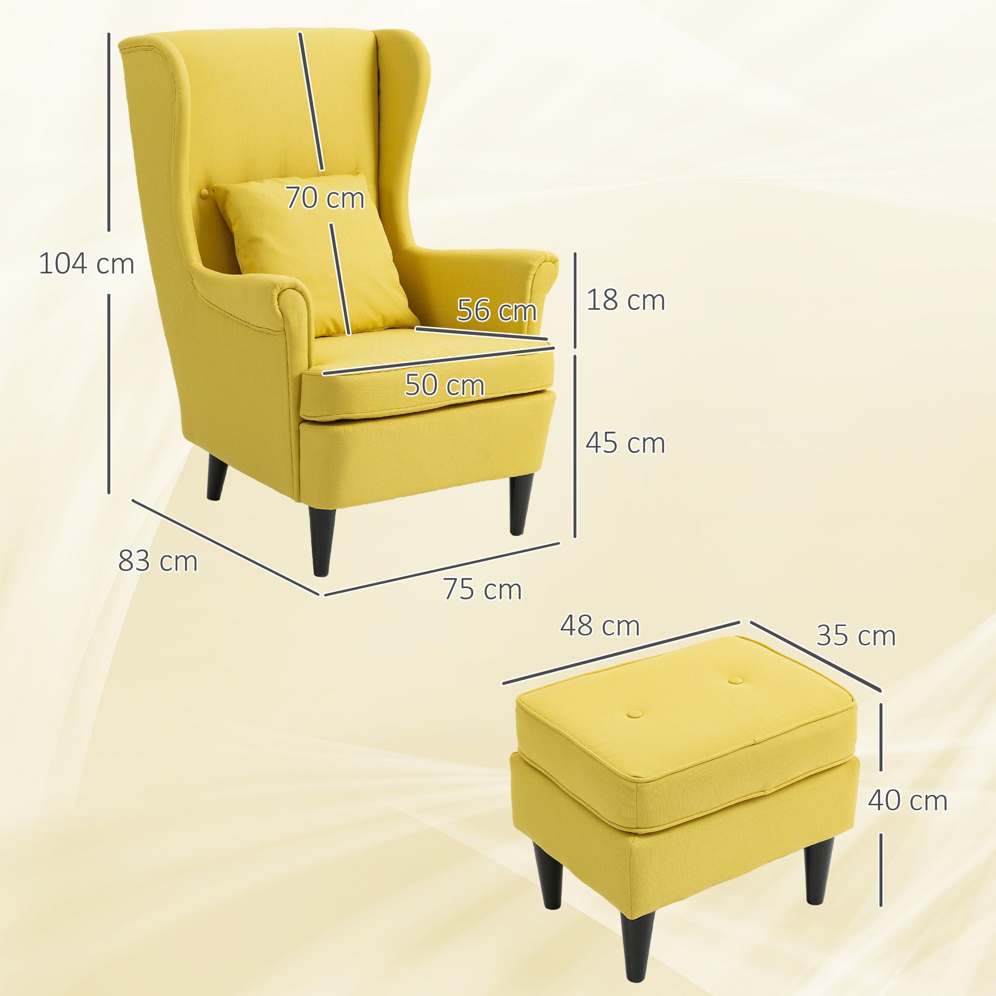 Contemporary Style Armchair with Footstool, in Linen Effect Fabric and Rubber Wood, 75x83x104 cm, Yellow
