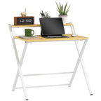 Folding Desk with Raised Shelf and X-Legs, in Wood and Steel, 86x66x82 cm, White and Wood Colour