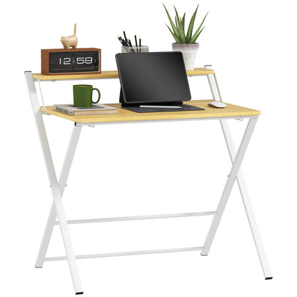 Folding Desk with Raised Shelf and X-Legs, in Wood and Steel, 86x66x82 cm, White and Wood Colour