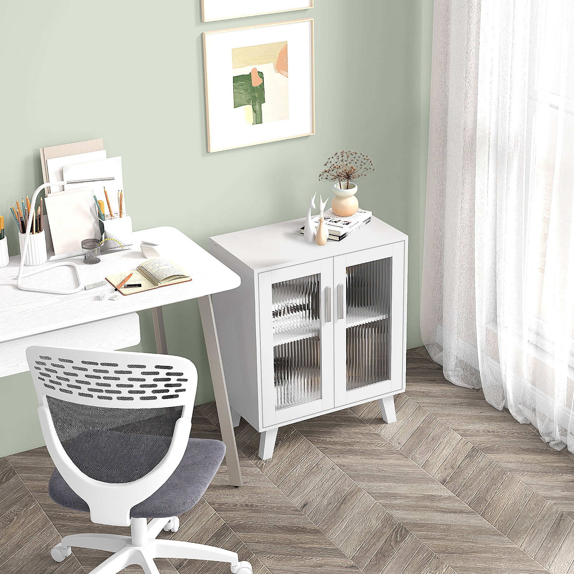 HOMCOM Modern Multipurpose Sideboard with 2 Transparent Doors and 2 Shelves, 61x35x75cm, White - Borgè