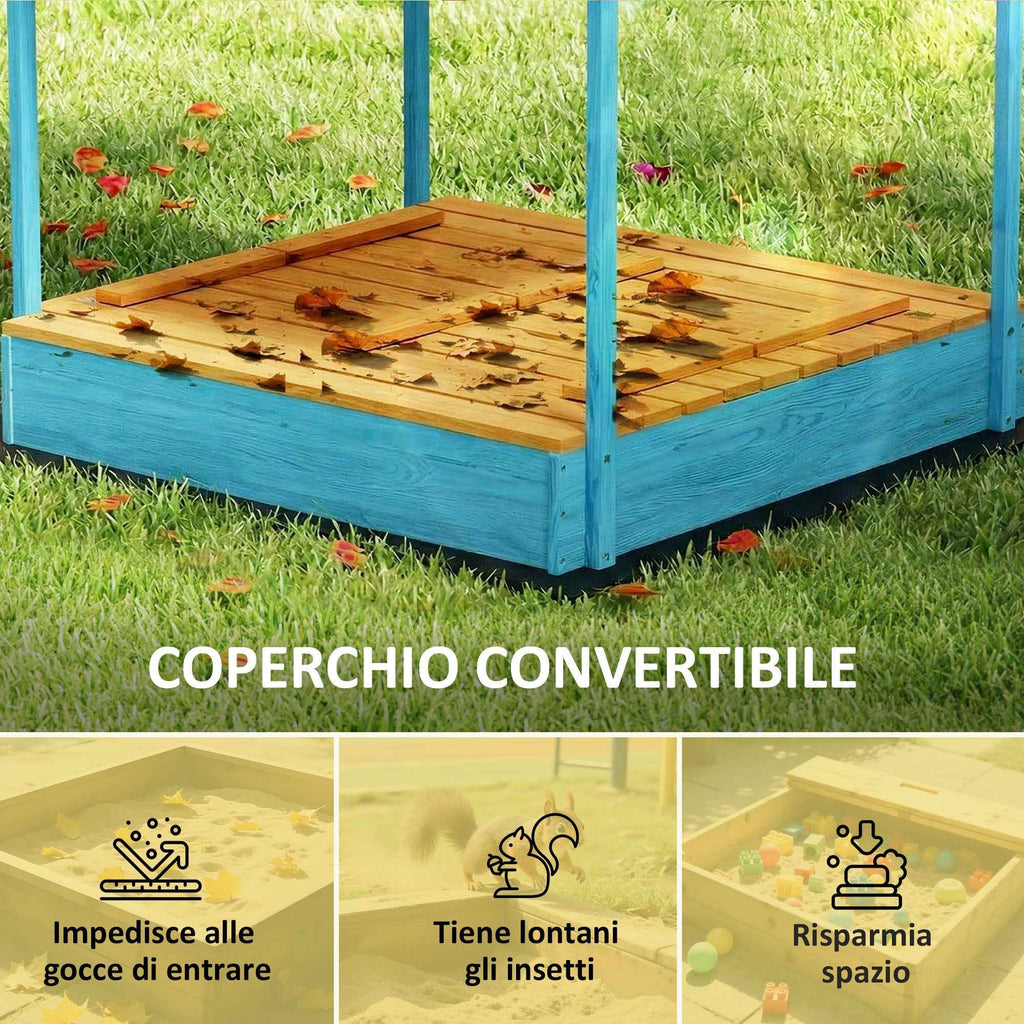 Sandpit for Children 3-6 Years with Dinosaur Canopy, Folding Seats, Lid and Liner Included, Children's Sandpit in Fir Wood, 134.5x127.5x130 cm, Blue