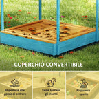 Sandpit for Children 3-6 Years with Dinosaur Canopy, Folding Seats, Lid and Liner Included, Children's Sandpit in Fir Wood, 134.5x127.5x130 cm, Blue