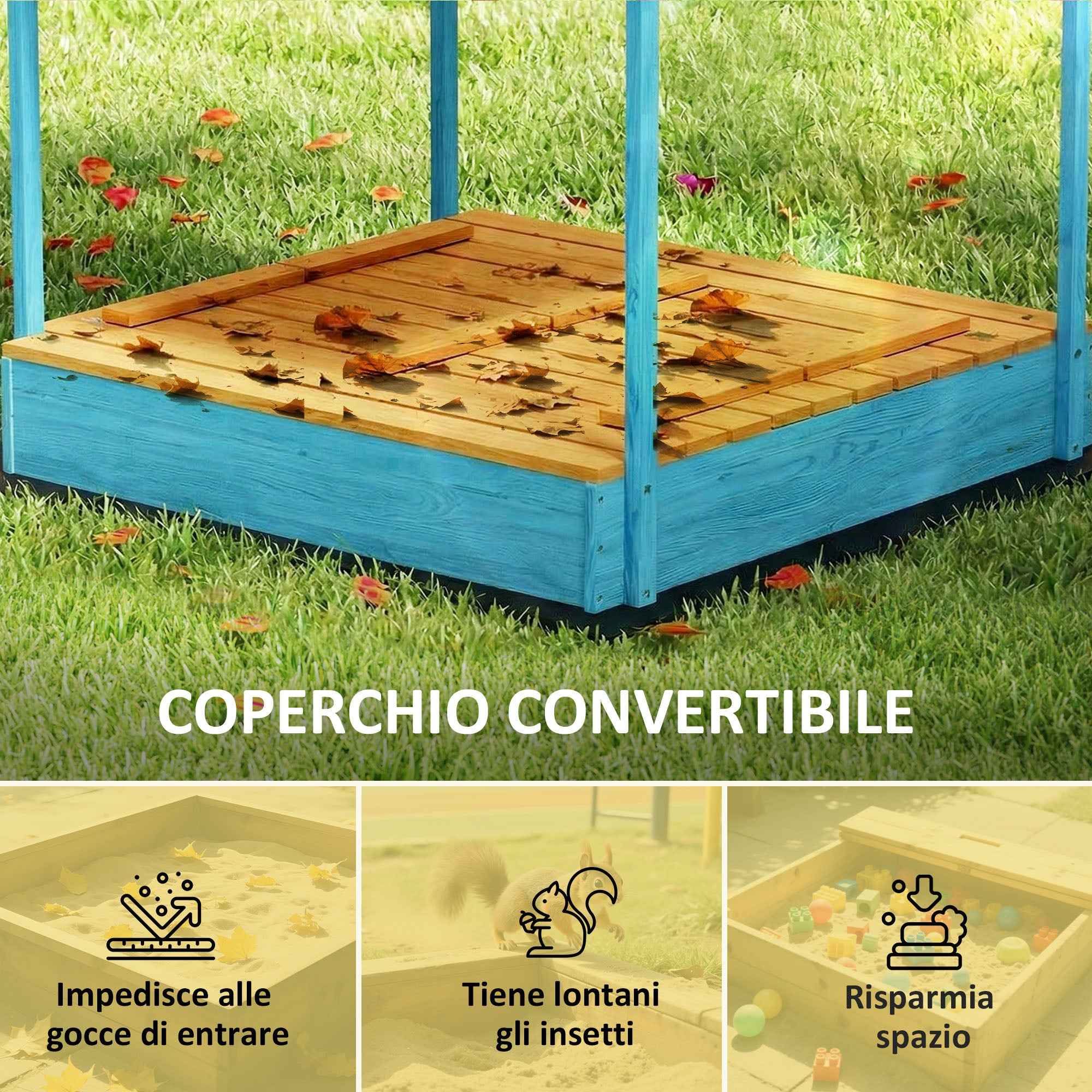 Sandpit for Children 3-6 Years with Dinosaur Canopy, Folding Seats, Lid and Liner Included, Children's Sandpit in Fir Wood, 134.5x127.5x130 cm, Blue