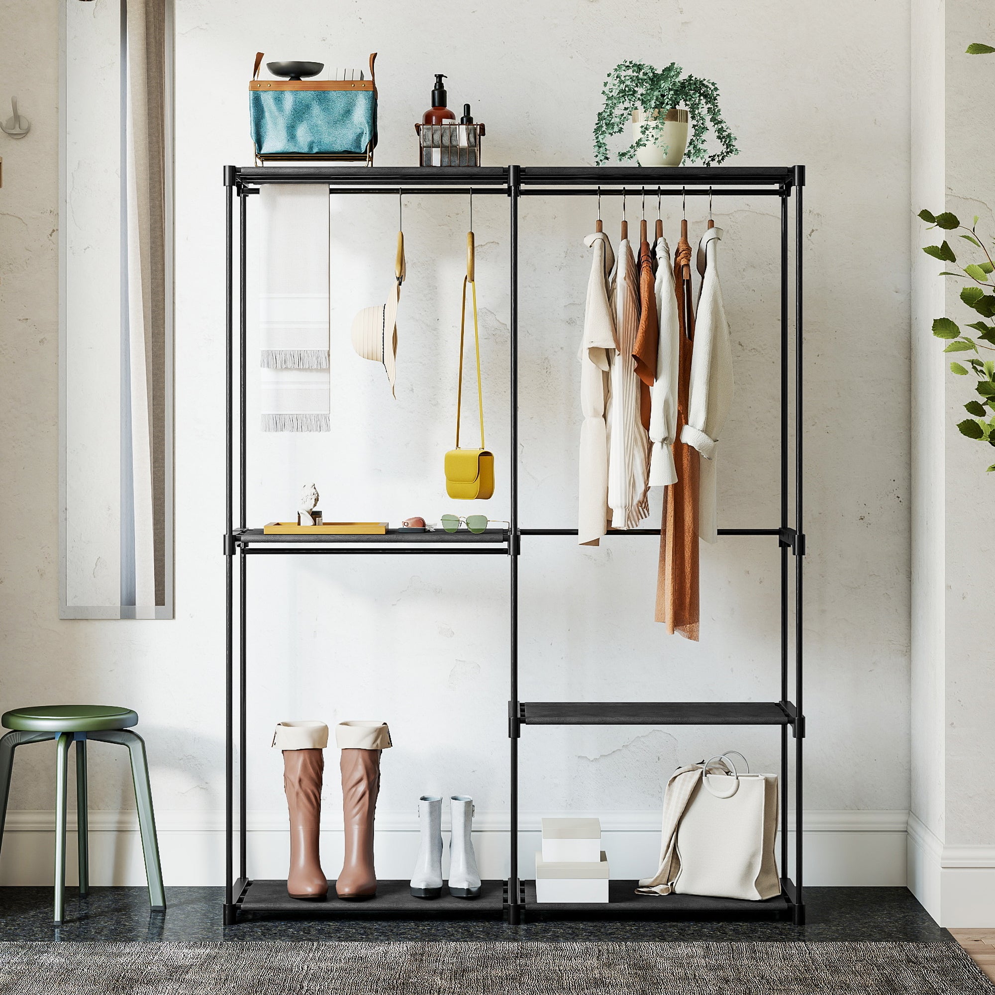 Wardrobe with 2 Rods and 4 Shelves, in Non-Woven Fabric, Plastic and Steel, 142x43x185 cm,