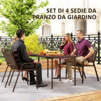 Set of 4 Stackable Outdoor Chairs with High Backrest and Armrests, in Steel and PP, 56x66x91 cm, Dark Brown