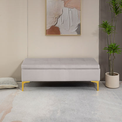 Ottoman Storage Bench with Velvety Fabric and Golden Legs, 120x44x44.5cm, Light Grey - Borgè