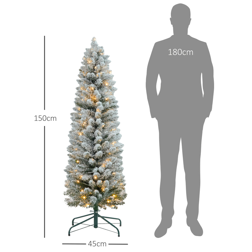 Snow-Covered Christmas Tree with 263 Branches and White LED Lights in Plastic and Metal, Ø45x150 cm, Green