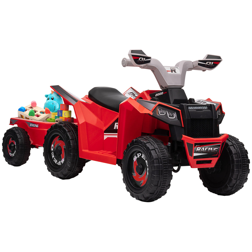 HOMCOM Electric Quad Bike for Kids with Trailer, Pedal, Forward and Reverse Gears, 2.5 km/h, for 18-36 Months, Red