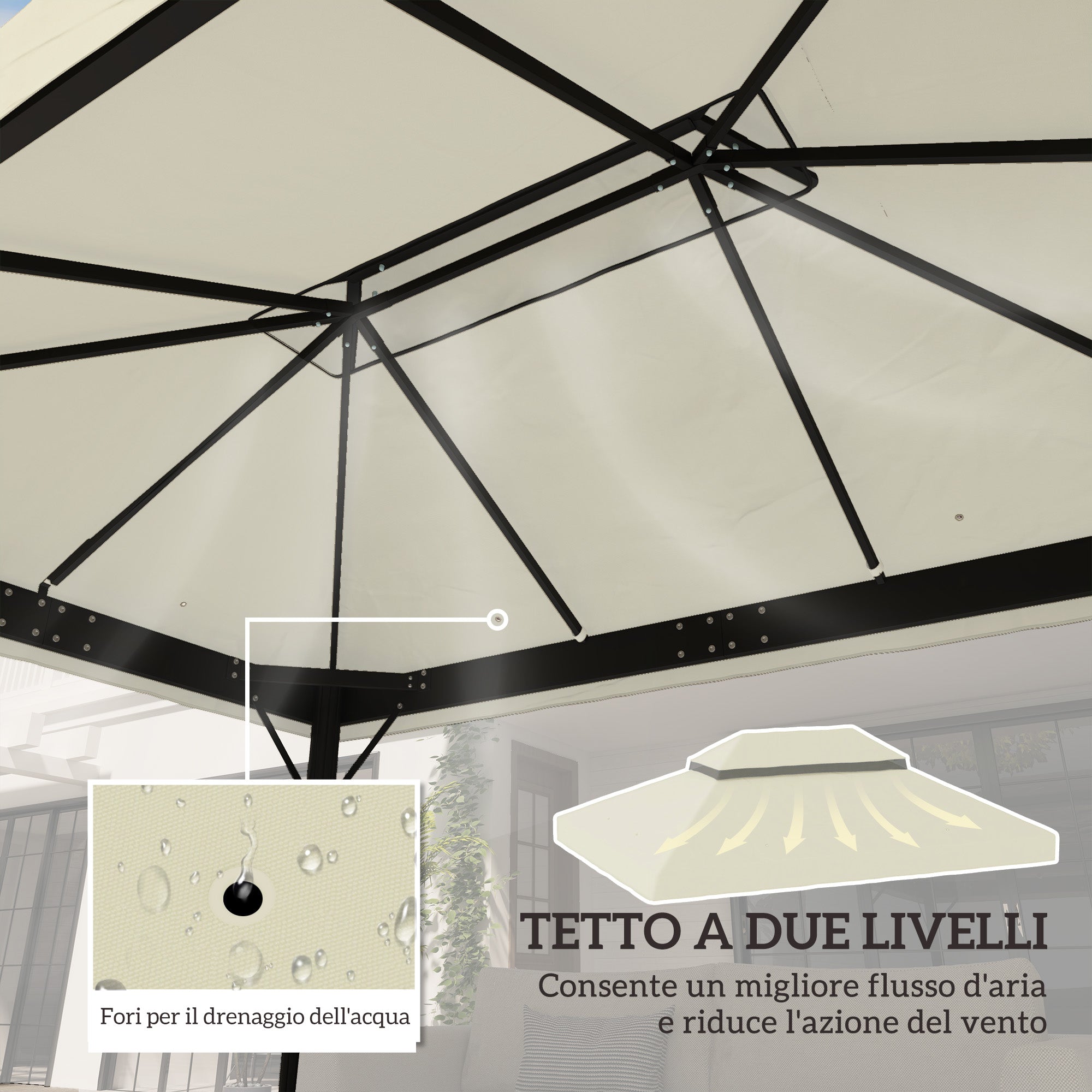 3x4m 2 Tier 600D Oxford Fabric Garden Gazebo Cover with Drainage Holes, Cream White