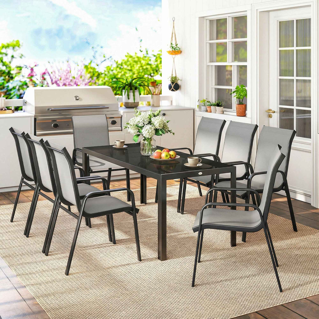 Outsunny 9-Piece Outdoor Set with 8 Stackable Texteline Chairs and Glass-Top Coffee Table, Light Grey