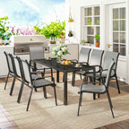 Outsunny 9-Piece Outdoor Set with 8 Stackable Texteline Chairs and Glass-Top Coffee Table, Light Grey
