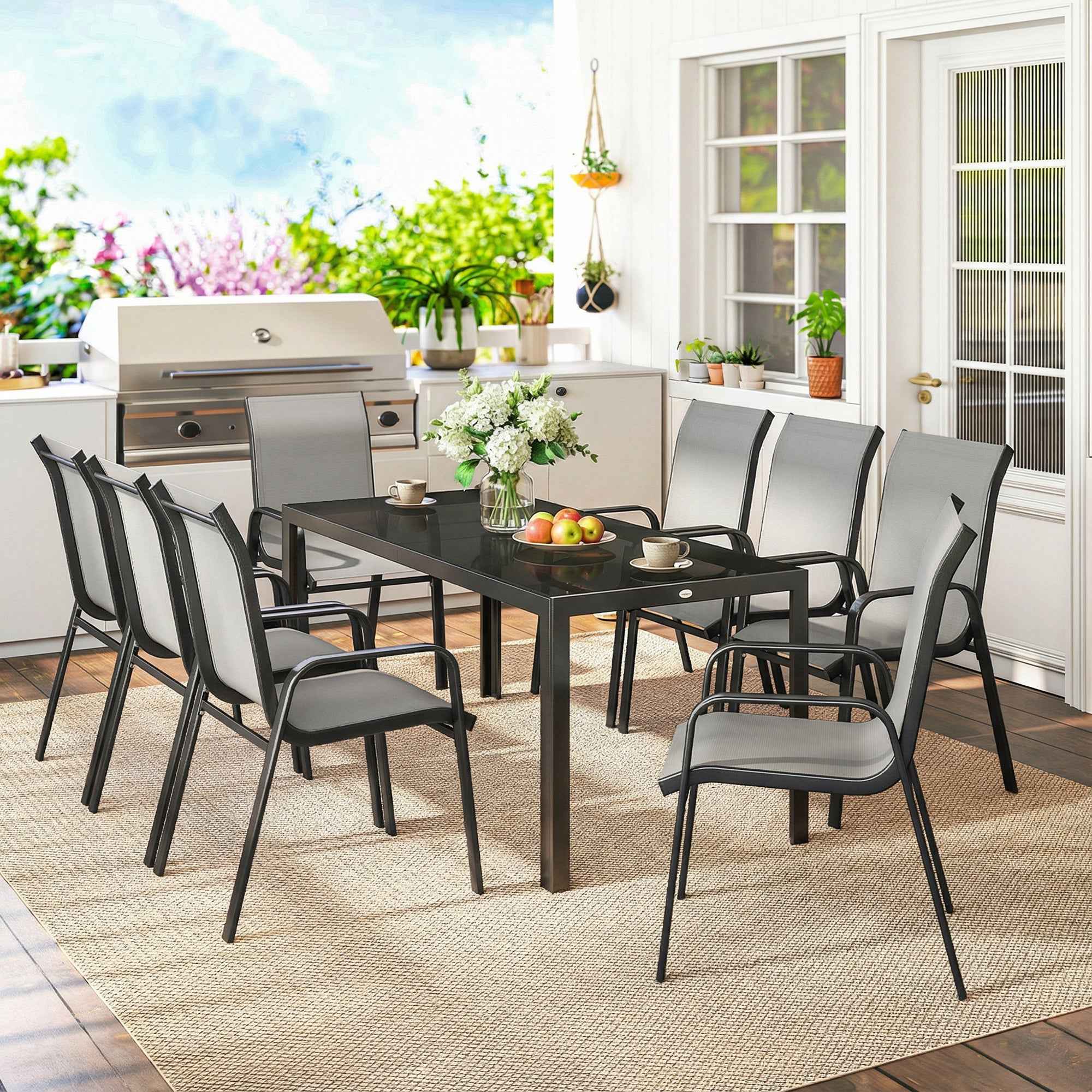 Outsunny 9-Piece Outdoor Set with 8 Stackable Texteline Chairs and Glass-Top Coffee Table, Light Grey