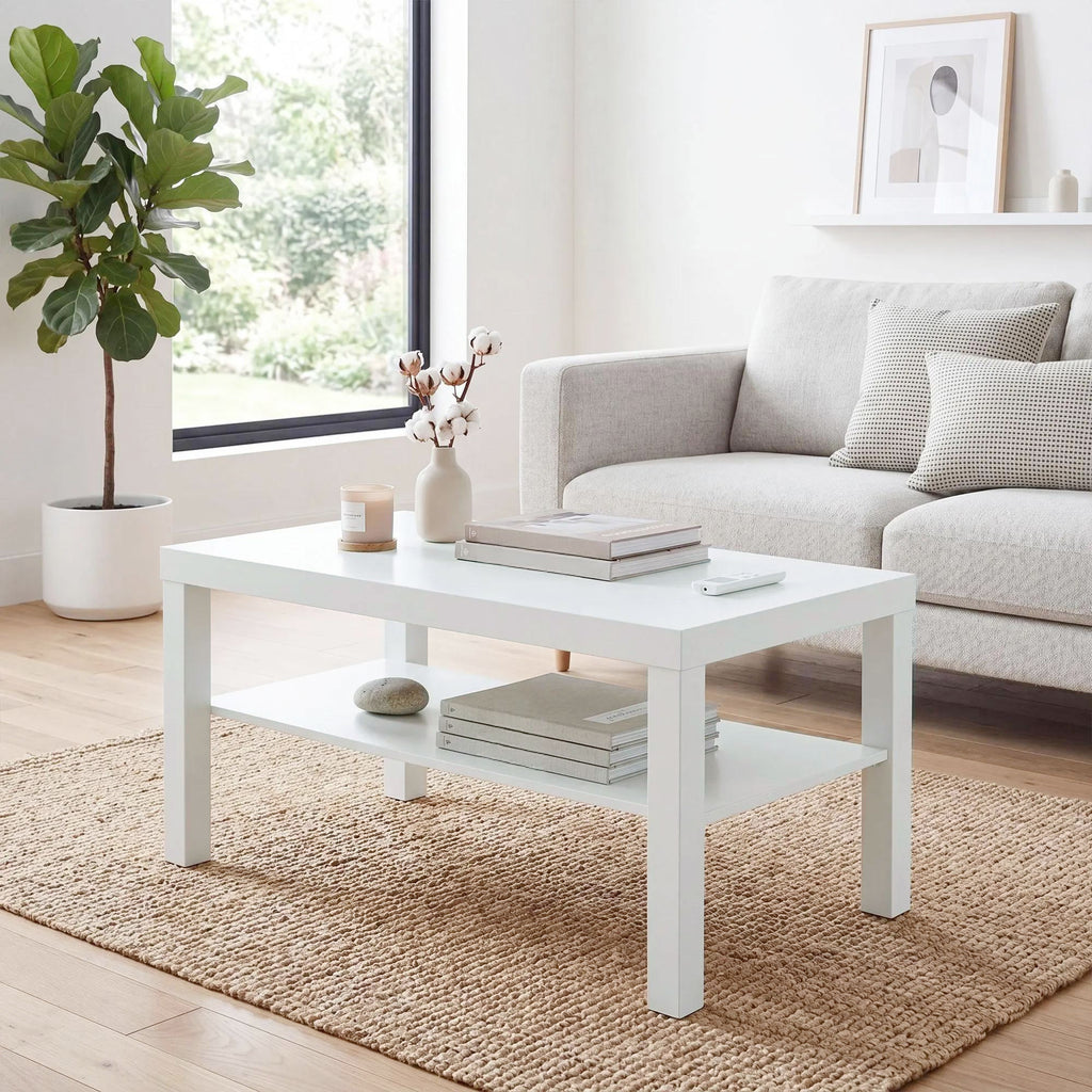 HOMCOM Rectangular Coffee Table with Large Shelf, 90×45×44.5 cm, White