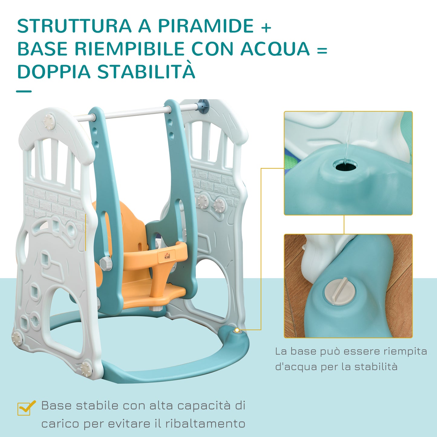 Children's Slide for 4 Years Max with Swing, Basket, Door and Rings, in HDPE and PP, 210x186x133 cm