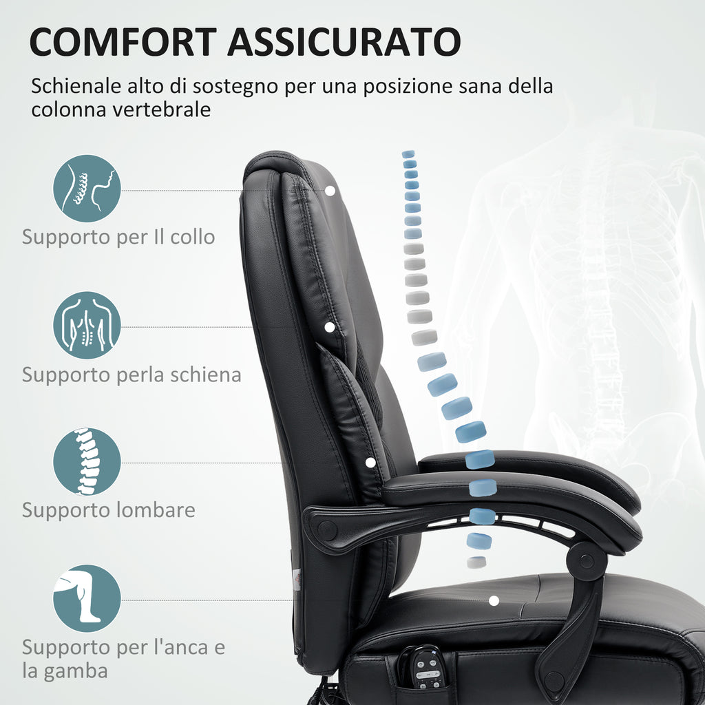 Heated Massage Office Chair with Reclining Backrest and Footrest in PU Leather, Black